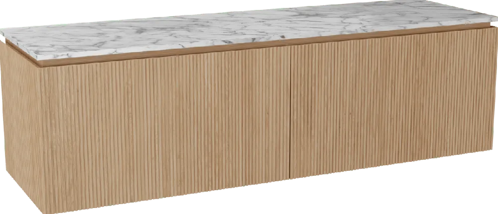 Balmani Eclips meuble salle de bains suspendu 180 x 55 cm Chêne naturelle avec Stretto tablette simple ou double vasque en Marbre Carrare, Nervure droite symétrique verticale
