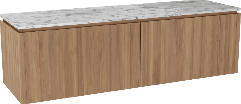 Balmani Eclips meuble salle de bains suspendu 180 x 55 cm Teck avec Stretto tablette simple ou double vasque en Marbre Carrare