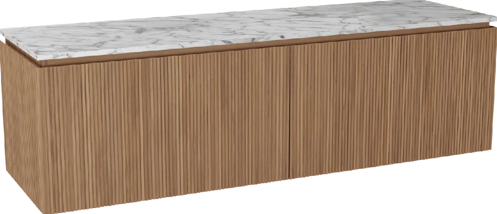 Balmani Eclips meuble salle de bains suspendu 180 x 55 cm Teck avec Stretto tablette simple ou double vasque en Marbre Carrare, Nervure droite symétrique verticale
