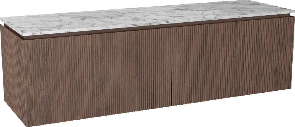 Balmani Eclips meuble salle de bains suspendu 180 x 55 cm Noyer américain avec Stretto tablette simple ou double vasque en Marbre Carrare, Nervure droite symétrique verticale