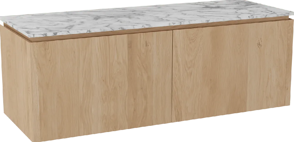 Balmani Eclips meuble salle de bains suspendu 150 x 55 cm Chêne naturelle avec Stretto tablette simple ou double vasque en Marbre Carrare