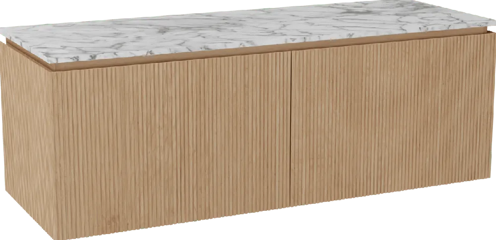 Balmani Eclips meuble salle de bains suspendu 150 x 55 cm Chêne naturelle avec Stretto tablette simple ou double vasque en Marbre Carrare, Nervure droite symétrique verticale