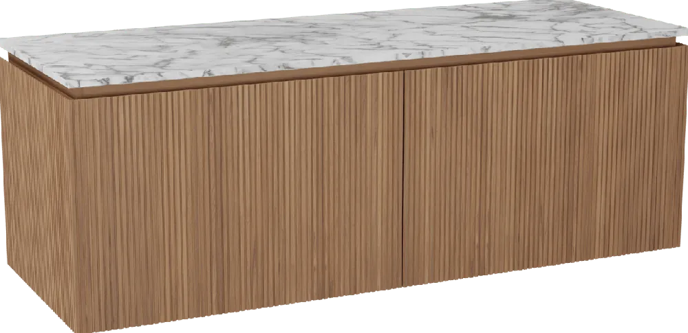 Balmani Eclips meuble salle de bains suspendu 150 x 55 cm Teck avec Stretto tablette simple ou double vasque en Marbre Carrare, Nervure droite symétrique verticale