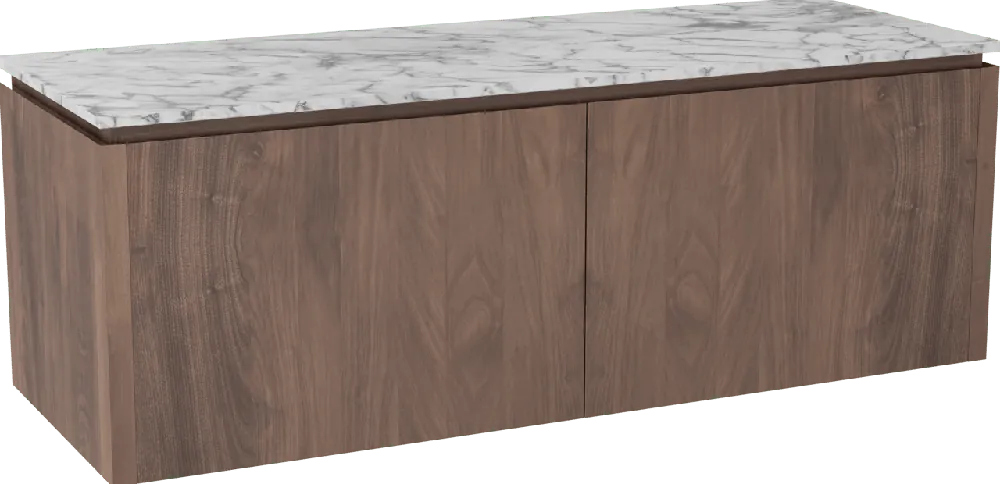 Balmani Eclips meuble salle de bains suspendu 150 x 55 cm Noyer américain avec Stretto tablette simple ou double vasque en Marbre Carrare