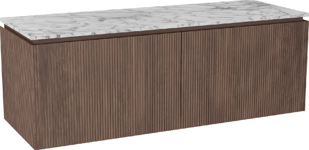 Balmani Eclips meuble salle de bains suspendu 150 x 55 cm Noyer américain avec Stretto tablette simple ou double vasque en Marbre Carrare, Nervure droite symétrique verticale