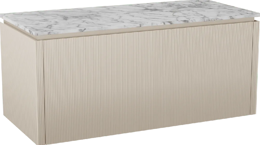 Balmani Eclips meuble salle de bains suspendu 120 x 55 cm Sandbeige avec Stretto tablette simple ou double vasque en Marbre Carrare, Nervure droite symétrique verticale
