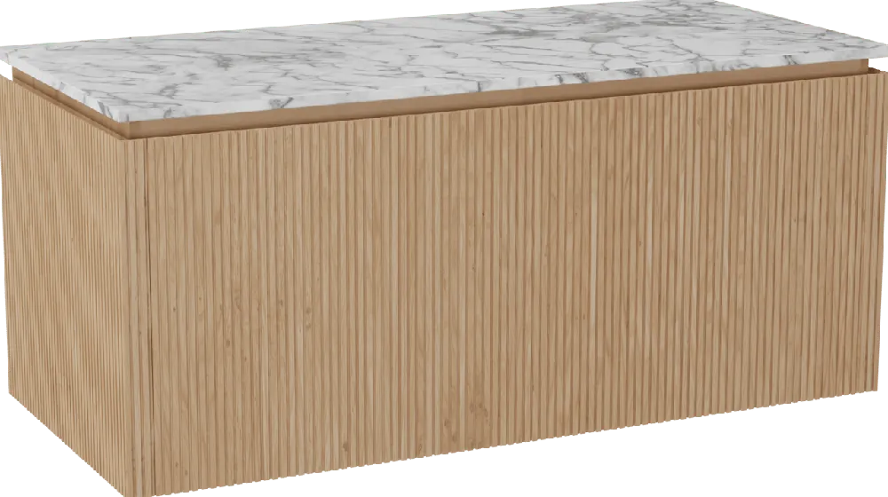 Balmani Eclips meuble salle de bains suspendu 120 x 55 cm Chêne naturelle avec Stretto tablette simple ou double vasque en Marbre Carrare, Nervure droite symétrique verticale
