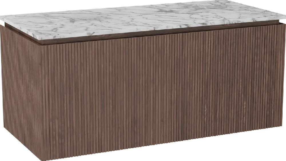 Balmani Eclips meuble salle de bains suspendu 120 x 55 cm Noyer américain avec Stretto tablette simple ou double vasque en Marbre Carrare, Nervure droite symétrique verticale