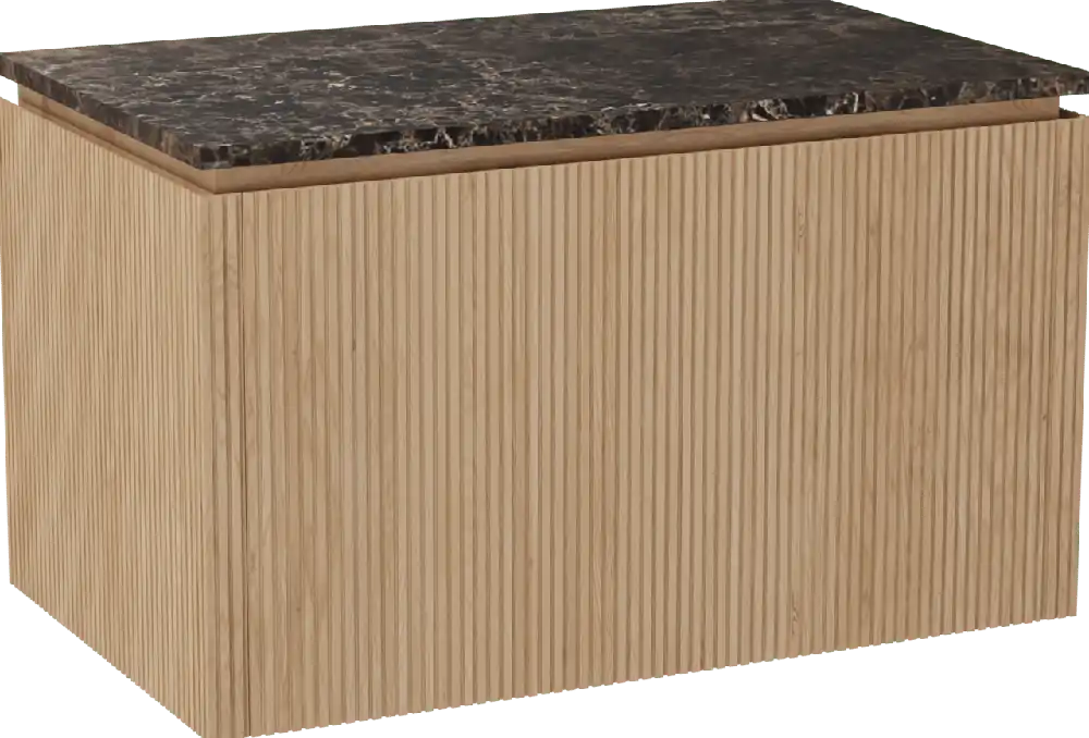 Balmani Eclips meuble salle de bains suspendu 90 x 55 cm Chêne naturelle avec Stretto tablette simple en Dark Emperador marbre, Nervure droite symétrique verticale