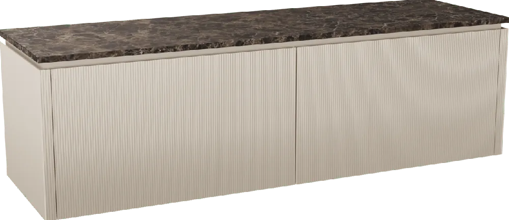 Balmani Eclips meuble salle de bains suspendu 180 x 55 cm Sandbeige avec Stretto tablette simple ou double vasque en Dark Emperador marbre, Nervure droite symétrique verticale