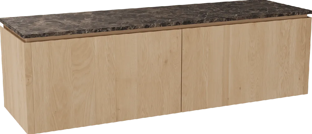 Balmani Eclips meuble salle de bains suspendu 180 x 55 cm Chêne naturelle avec Stretto tablette simple ou double vasque en Dark Emperador marbre