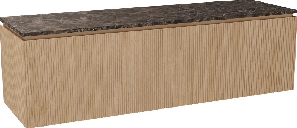 Balmani Eclips meuble salle de bains suspendu 180 x 55 cm Chêne naturelle avec Stretto tablette simple ou double vasque en Dark Emperador marbre, Nervure droite symétrique verticale