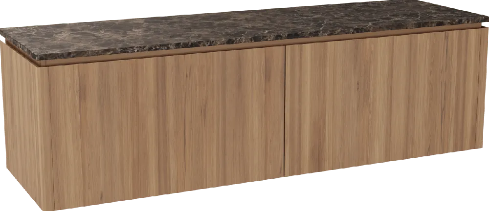 Balmani Eclips meuble salle de bains suspendu 180 x 55 cm Teck avec Stretto tablette simple ou double vasque en Dark Emperador marbre