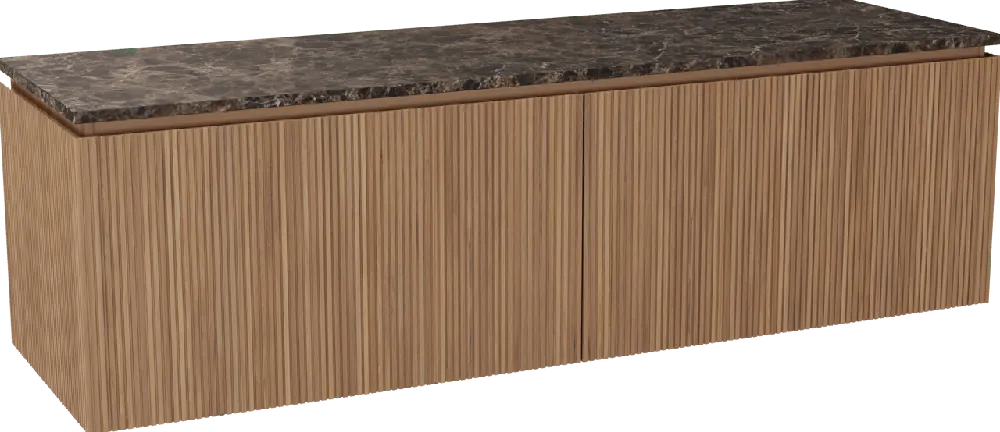 Balmani Eclips meuble salle de bains suspendu 180 x 55 cm Teck avec Stretto tablette simple ou double vasque en Dark Emperador marbre, Nervure droite symétrique verticale