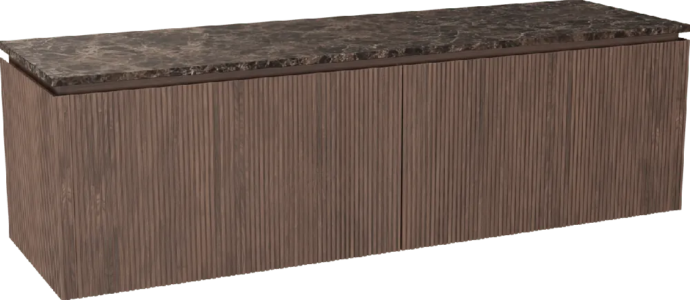 Balmani Eclips meuble salle de bains suspendu 180 x 55 cm Noyer américain avec Stretto tablette simple ou double vasque en Dark Emperador marbre, Nervure droite symétrique verticale