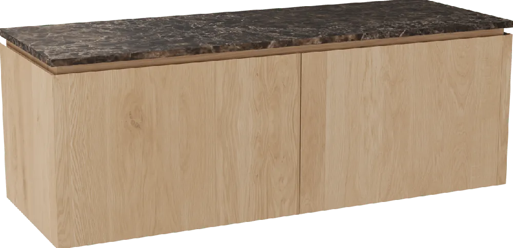 Balmani Eclips meuble salle de bains suspendu 150 x 55 cm Chêne naturelle avec Stretto tablette simple ou double vasque en Dark Emperador marbre