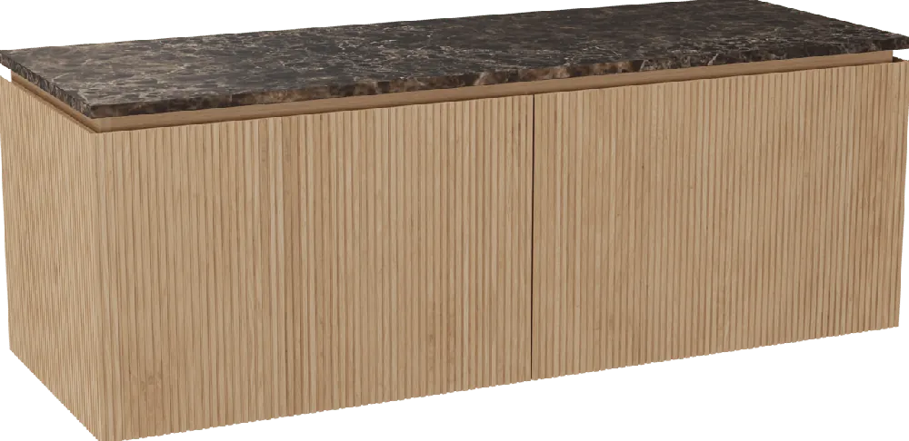 Balmani Eclips meuble salle de bains suspendu 150 x 55 cm Chêne naturelle avec Stretto tablette simple ou double vasque en Dark Emperador marbre, Nervure droite symétrique verticale