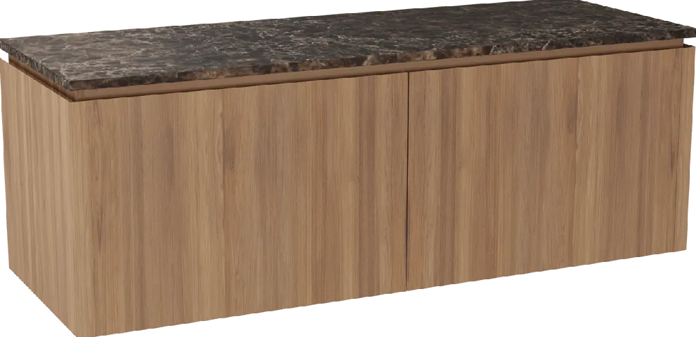 Balmani Eclips meuble salle de bains suspendu 150 x 55 cm Teck avec Stretto tablette simple ou double vasque en Dark Emperador marbre
