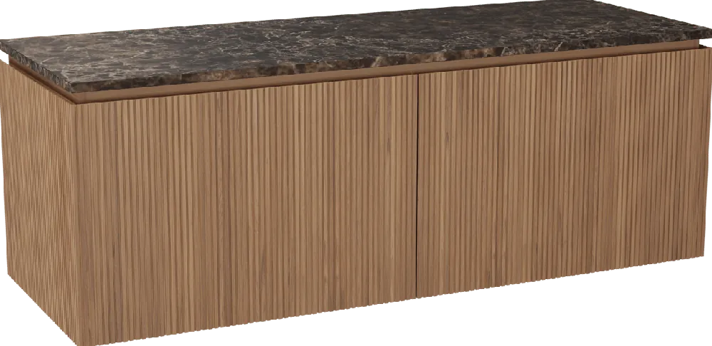 Balmani Eclips meuble salle de bains suspendu 150 x 55 cm Teck avec Stretto tablette simple ou double vasque en Dark Emperador marbre, Nervure droite symétrique verticale