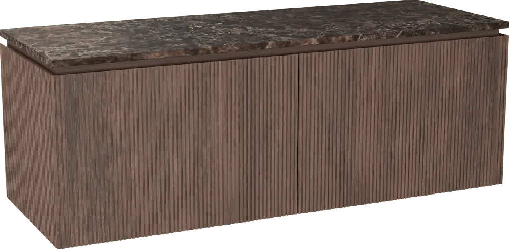 Balmani Eclips meuble salle de bains suspendu 150 x 55 cm Noyer américain avec Stretto tablette simple ou double vasque en Dark Emperador marbre, Nervure droite symétrique verticale