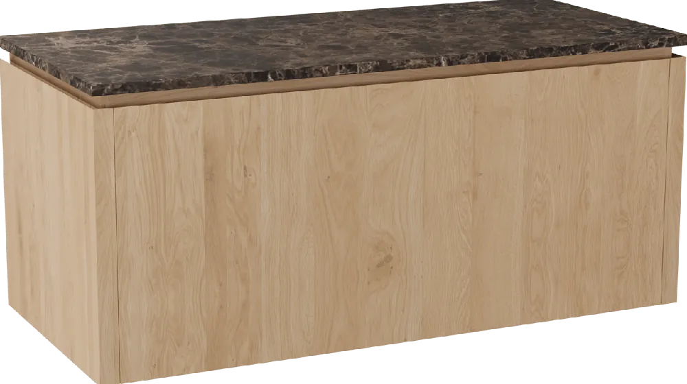 Balmani Eclips meuble salle de bains suspendu 120 x 55 cm Chêne naturelle avec Stretto tablette simple ou double vasque en Dark Emperador marbre