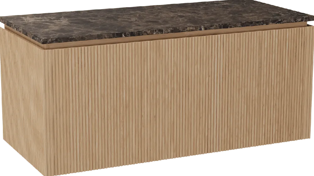 Balmani Eclips meuble salle de bains suspendu 120 x 55 cm Chêne naturelle avec Stretto tablette simple ou double vasque en Dark Emperador marbre, Nervure droite symétrique verticale
