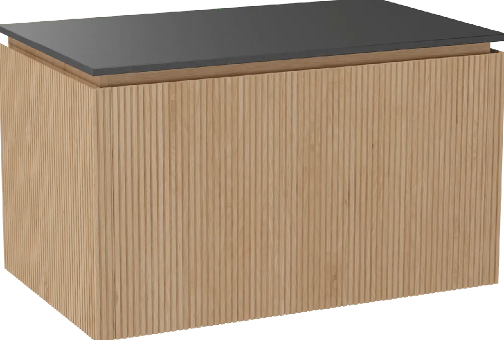 Balmani Eclips meuble salle de bains suspendu 90 x 55 cm Chêne naturelle avec Stretto tablette simple en Granit noir, Nervure droite symétrique verticale
