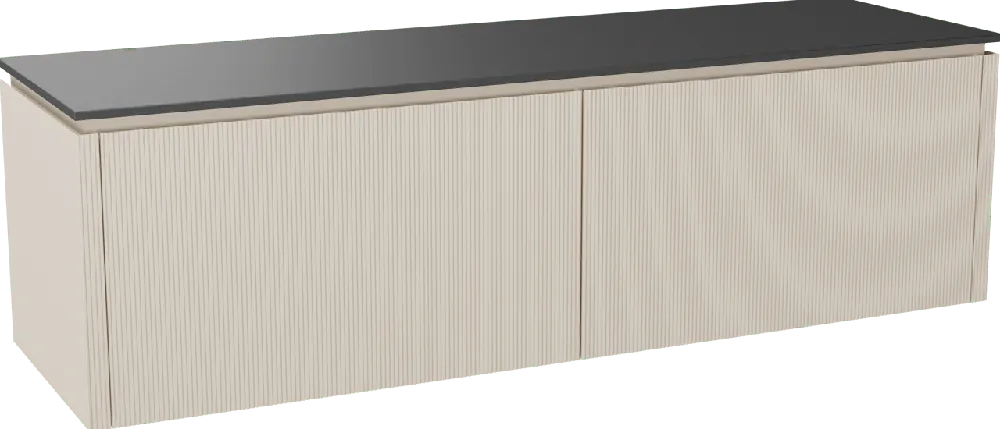 Balmani Eclips meuble salle de bains suspendu 180 x 55 cm Sandbeige avec Stretto tablette simple ou double vasque en Granit noir, Nervure droite symétrique verticale