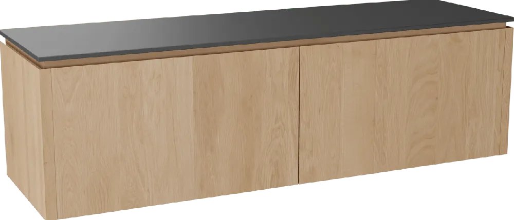 Balmani Eclips meuble salle de bains suspendu 180 x 55 cm Chêne naturelle avec Stretto tablette simple ou double vasque en Granit noir