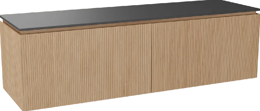 Balmani Eclips meuble salle de bains suspendu 180 x 55 cm Chêne naturelle avec Stretto tablette simple ou double vasque en Granit noir, Nervure droite symétrique verticale