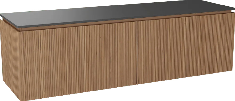 Balmani Eclips meuble salle de bains suspendu 180 x 55 cm Teck avec Stretto tablette simple ou double vasque en Granit noir, Nervure droite symétrique verticale