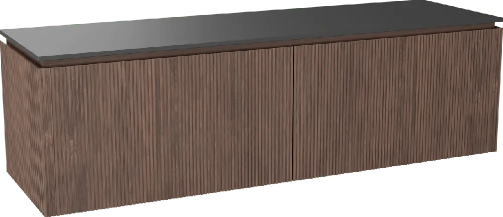 Balmani Eclips meuble salle de bains suspendu 180 x 55 cm Noyer américain avec Stretto tablette simple ou double vasque en Granit noir, Nervure droite symétrique verticale