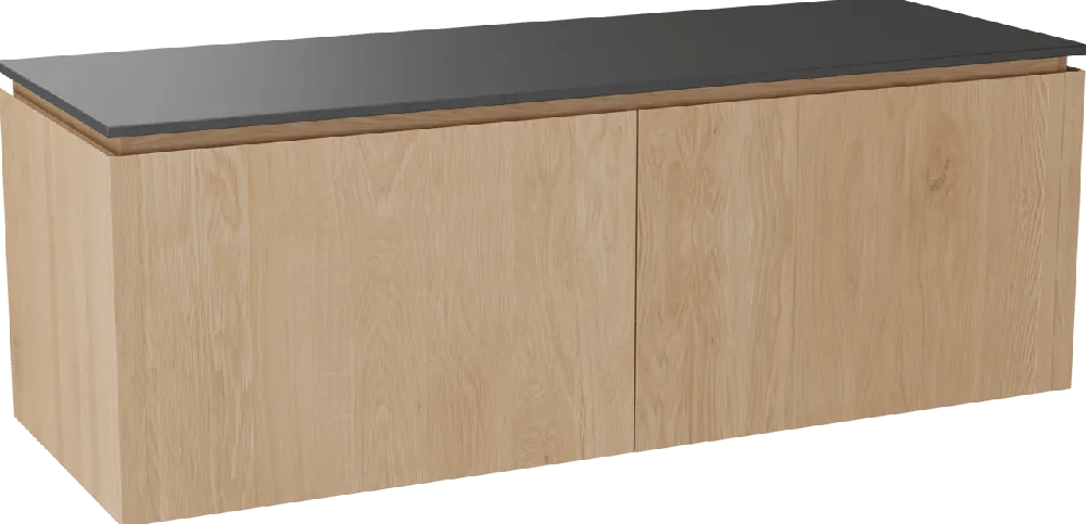 Balmani Eclips meuble salle de bains suspendu 150 x 55 cm Chêne naturelle avec Stretto tablette simple ou double vasque en Granit noir