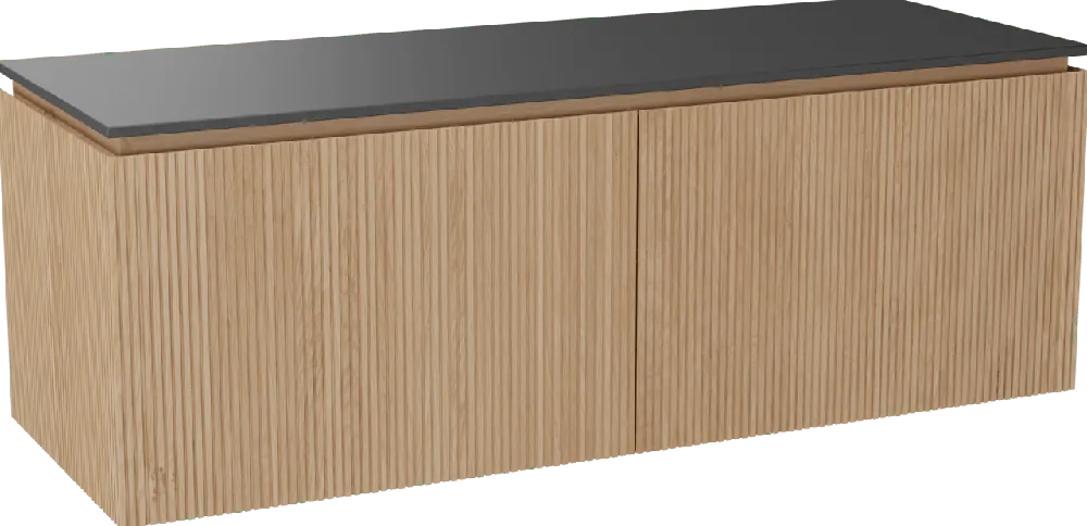 Balmani Eclips meuble salle de bains suspendu 150 x 55 cm Chêne naturelle avec Stretto tablette simple ou double vasque en Granit noir, Nervure droite symétrique verticale