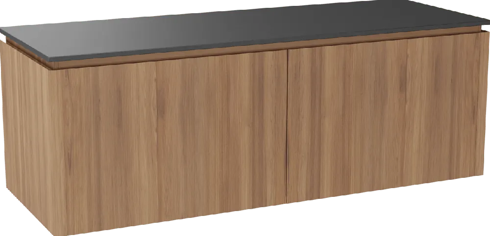 Balmani Eclips meuble salle de bains suspendu 150 x 55 cm Teck avec Stretto tablette simple ou double vasque en Granit noir