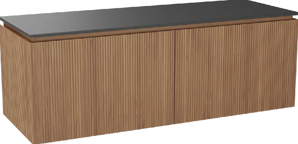 Balmani Eclips meuble salle de bains suspendu 150 x 55 cm Teck avec Stretto tablette simple ou double vasque en Granit noir, Nervure droite symétrique verticale