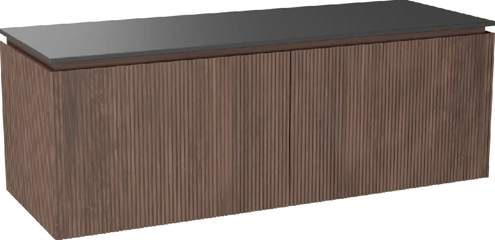 Balmani Eclips meuble salle de bains suspendu 150 x 55 cm Noyer américain avec Stretto tablette simple ou double vasque en Granit noir, Nervure droite symétrique verticale