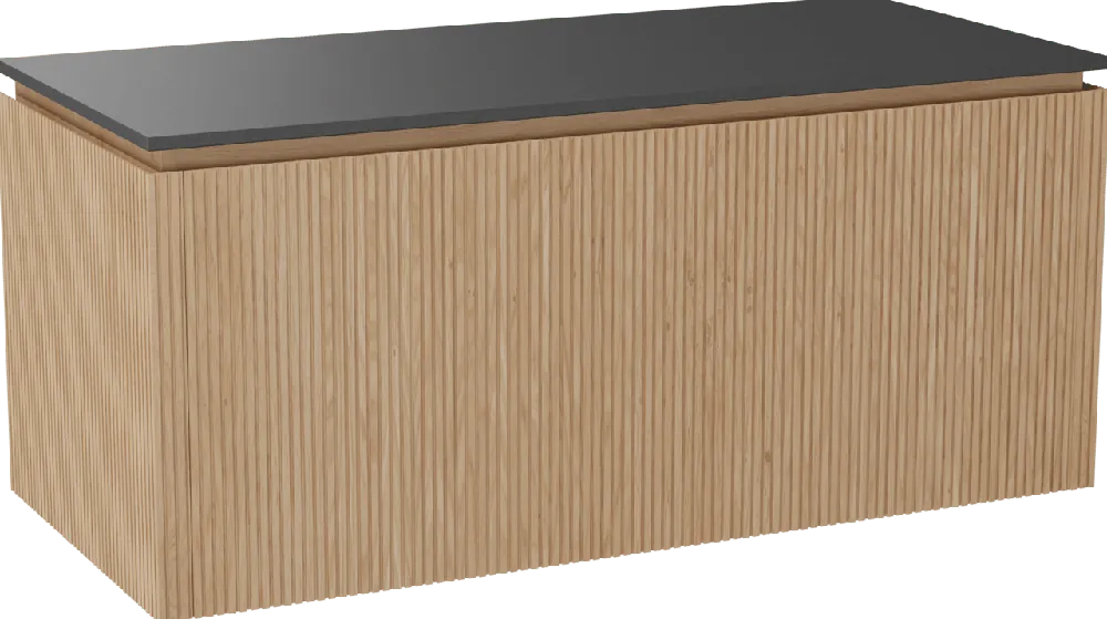 Balmani Eclips meuble salle de bains suspendu 120 x 55 cm Chêne naturelle avec Stretto tablette simple en Granit noir, Nervure droite symétrique verticale