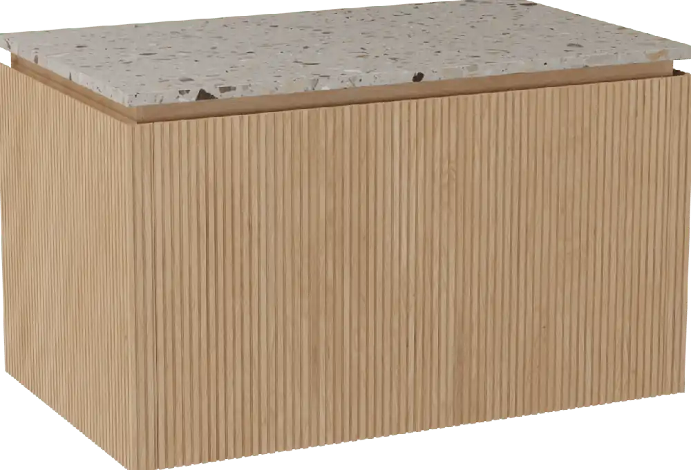 Balmani Eclips meuble salle de bains suspendu 90 x 55 cm Chêne naturelle avec Stretto tablette simple en Terrazzo greige, Nervure droite symétrique verticale