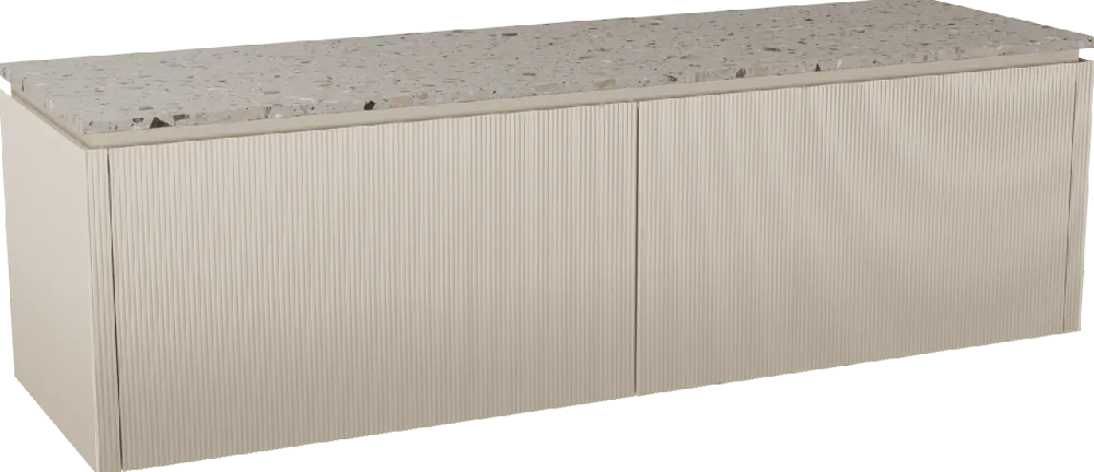 Balmani Eclips meuble salle de bains suspendu 180 x 55 cm Sandbeige avec Stretto tablette simple ou double vasque en Terrazzo greige, Nervure droite symétrique verticale