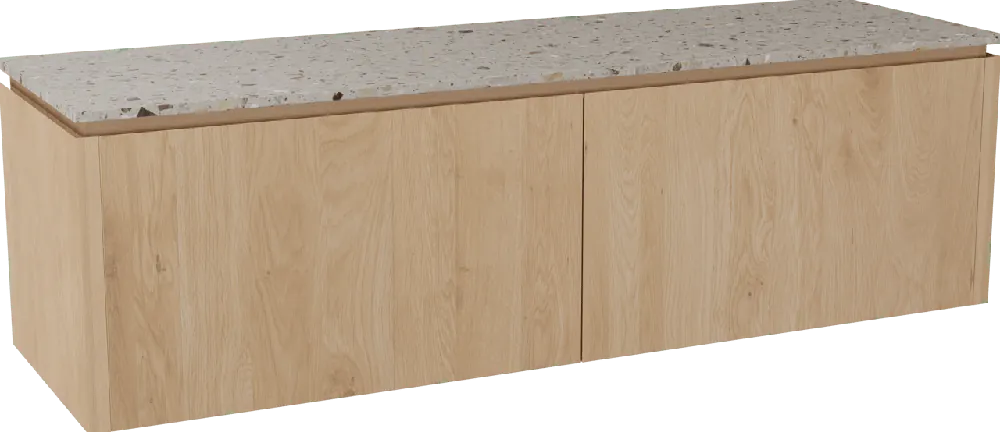 Balmani Eclips meuble salle de bains suspendu 180 x 55 cm Chêne naturelle avec Stretto tablette simple ou double vasque en Terrazzo greige
