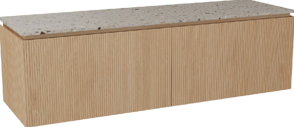 Balmani Eclips meuble salle de bains suspendu 180 x 55 cm Chêne naturelle avec Stretto tablette simple ou double vasque en Terrazzo greige, Nervure droite symétrique verticale