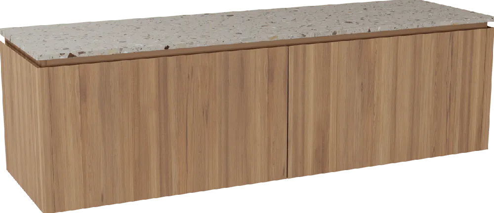 Balmani Eclips meuble salle de bains suspendu 180 x 55 cm Teck avec Stretto tablette simple ou double vasque en Terrazzo greige