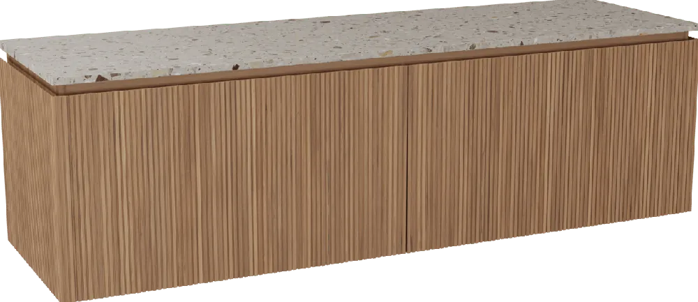 Balmani Eclips meuble salle de bains suspendu 180 x 55 cm Teck avec Stretto tablette simple ou double vasque en Terrazzo greige, Nervure droite symétrique verticale