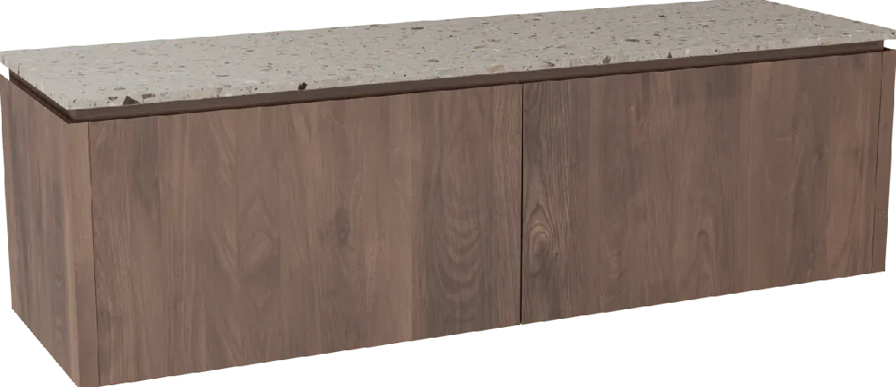 Balmani Eclips meuble salle de bains suspendu 180 x 55 cm Noyer américain avec Stretto tablette simple ou double vasque en Terrazzo greige