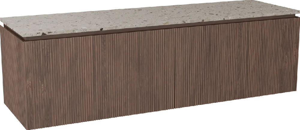 Balmani Eclips meuble salle de bains suspendu 180 x 55 cm Noyer américain avec Stretto tablette simple ou double vasque en Terrazzo greige, Nervure droite symétrique verticale