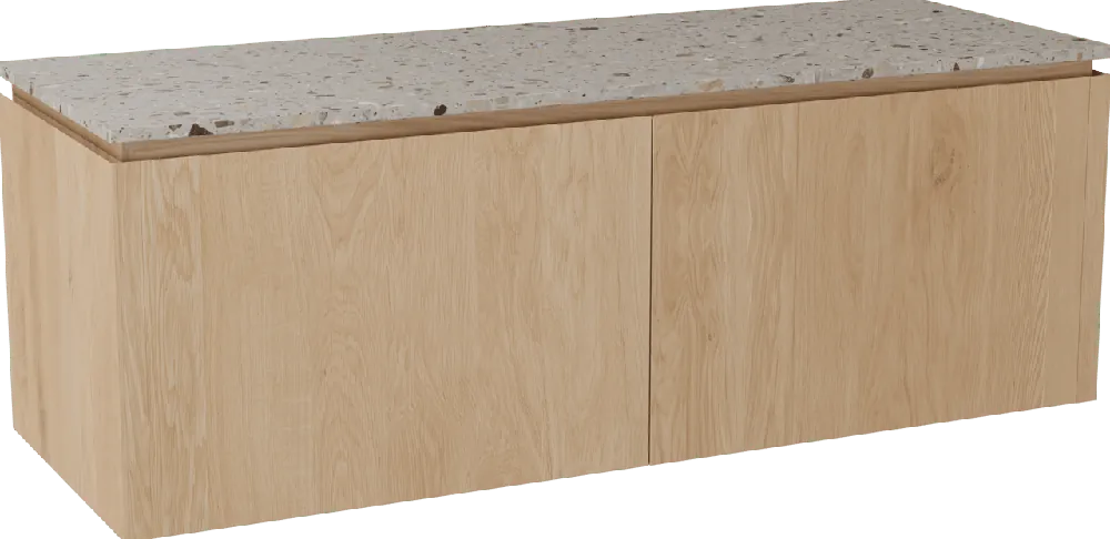 Balmani Eclips meuble salle de bains suspendu 150 x 55 cm Chêne naturelle avec Stretto tablette simple ou double vasque en Terrazzo greige