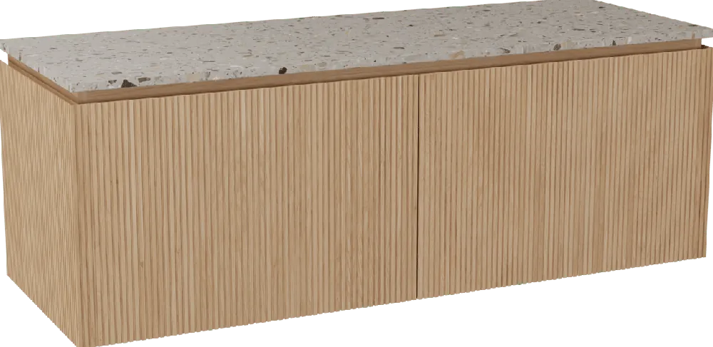 Balmani Eclips meuble salle de bains suspendu 150 x 55 cm Chêne naturelle avec Stretto tablette simple ou double vasque en Terrazzo greige, Nervure droite symétrique verticale