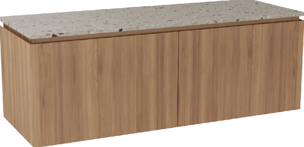 Balmani Eclips meuble salle de bains suspendu 150 x 55 cm Teck avec Stretto tablette simple ou double vasque en Terrazzo greige