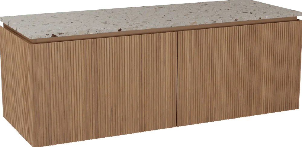 Balmani Eclips meuble salle de bains suspendu 150 x 55 cm Teck avec Stretto tablette simple ou double vasque en Terrazzo greige, Nervure droite symétrique verticale